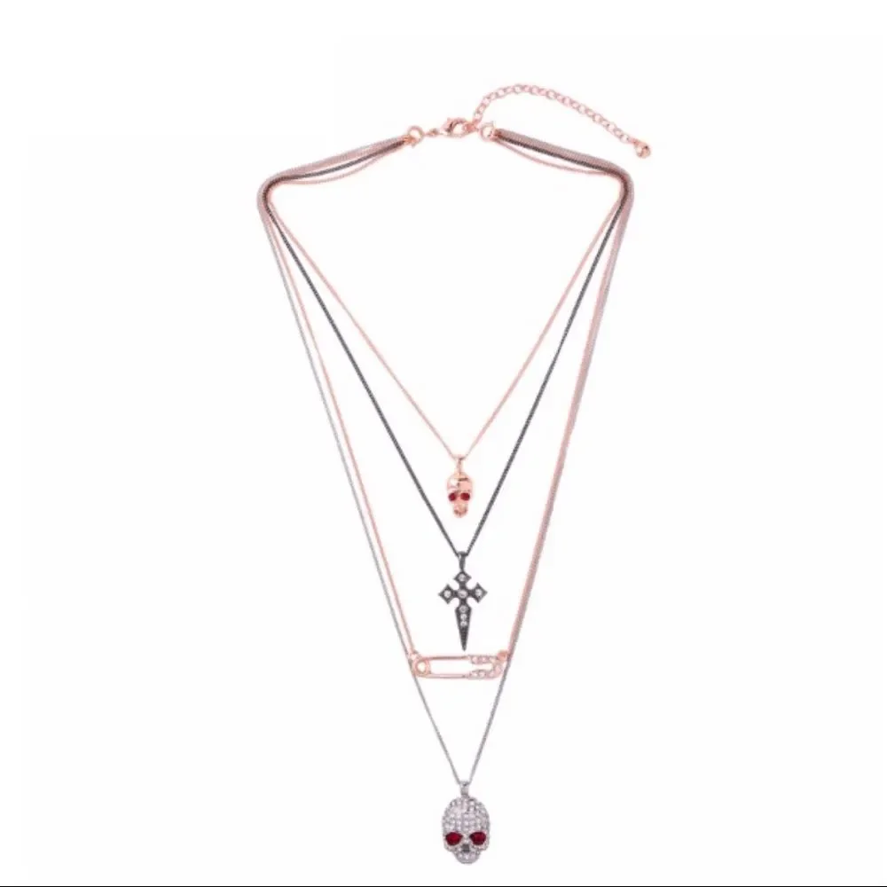 Layered Skull Safety Pin Cross Rose Gold Gun Metal Silver Necklace NWT - Picture 4 of 8